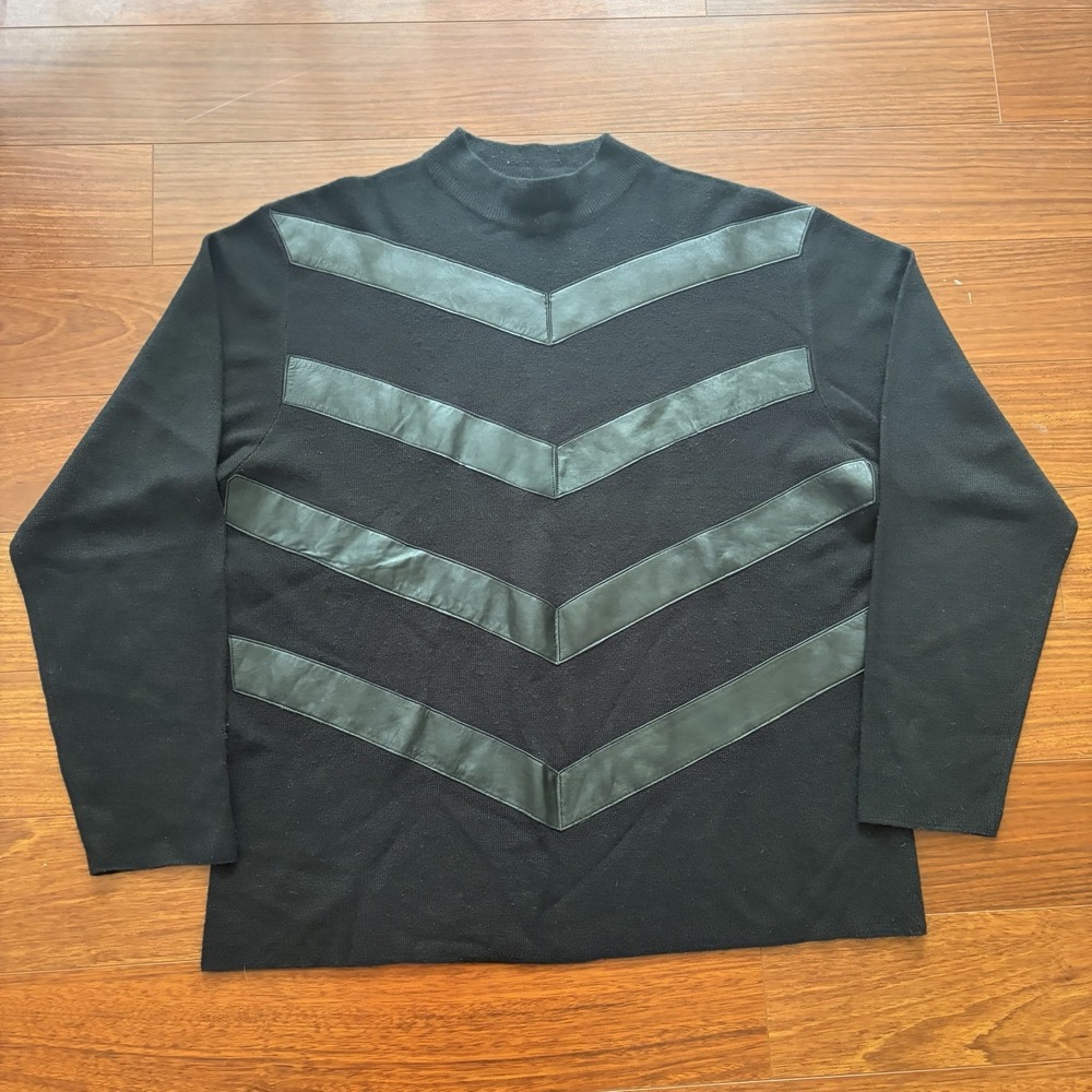 Vintage Protege Collection XL Black Wool Sweater Genuine Leather Chevron 80s 90s